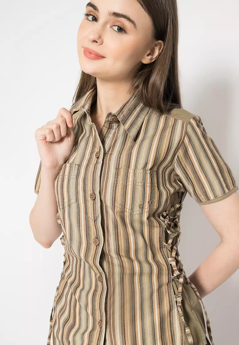 LGS - Kemeja Casual Wanita - Lengan Pendek - Salur - Coklat Kayu - LLSH.380.WD625.073.7C