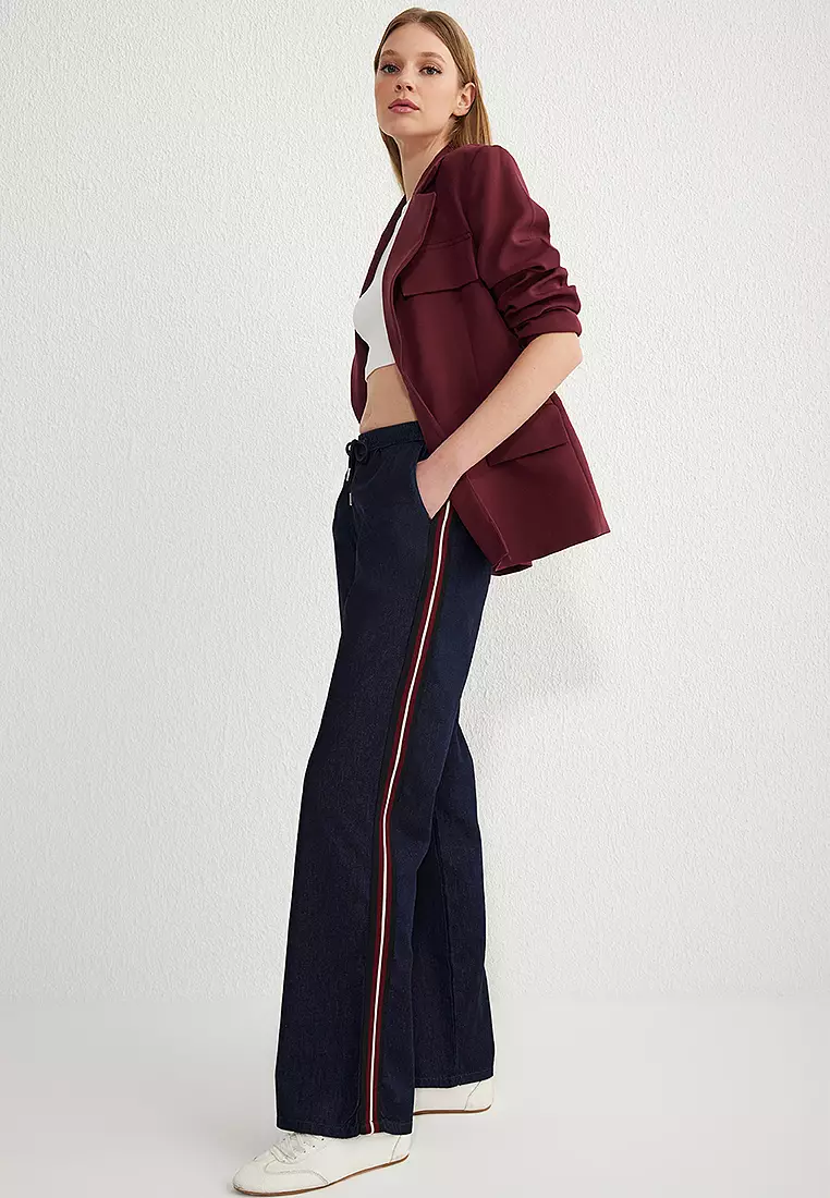 Dark Blue Elastic Waistband Stripe Detail High Waist Wide Leg Jeans