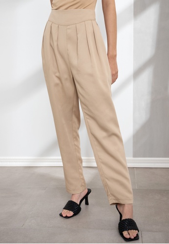 Origin by Zalora beige Rib Pleated Long Pants made from Tencel EB3B9AAB1CD8C1GS_1