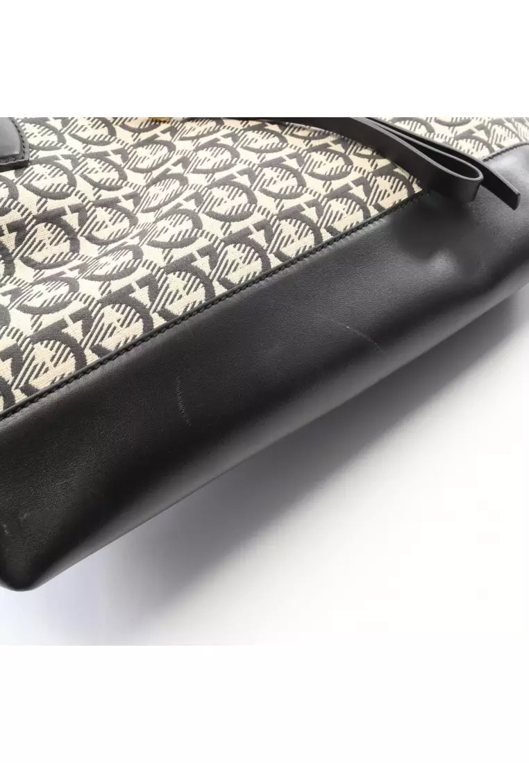 Pre-Loved Salvatore Ferragamo Gancini Shoulder bag tote bag canvas leather black beige