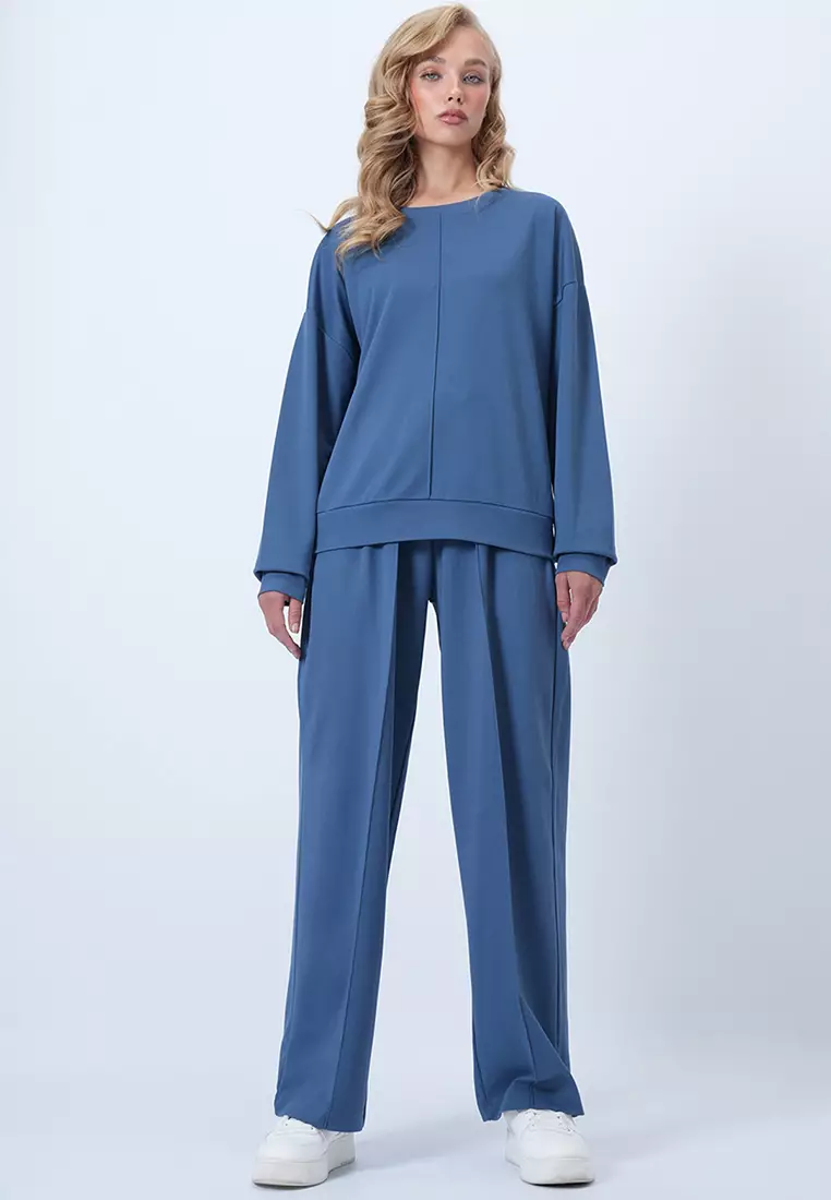 Buy Alacati Petrol Blue Crew Neck Ribbed Stitched Blouse And Double ...