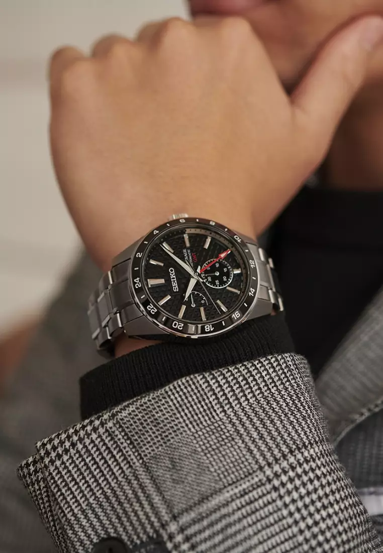 Seiko Presage Sharp Edged Series GMT Black Dial Power Reserve Indicator Automatic Watch SPB221J1