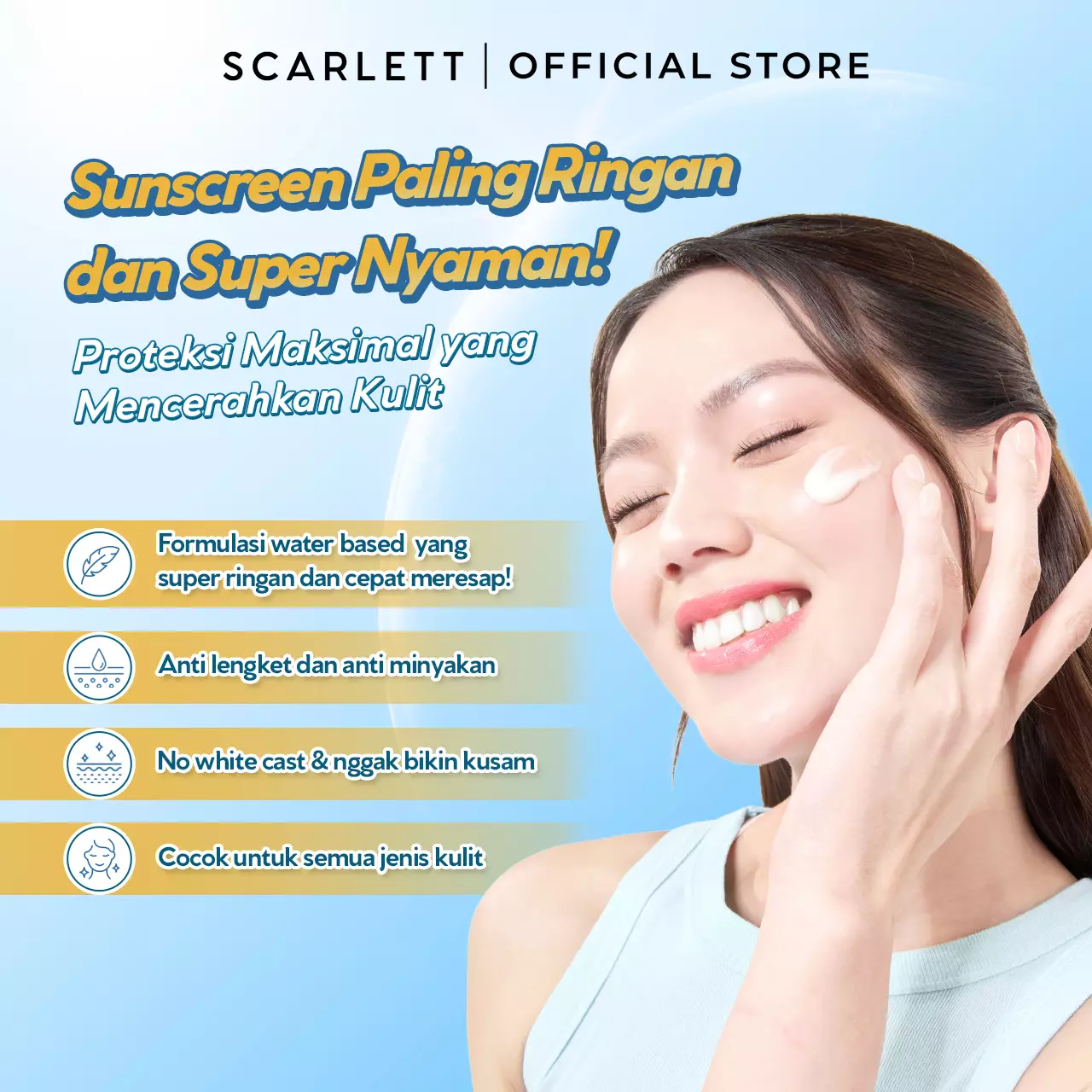 [Oily Skin Friendly] Scarlett Whitening Ultra Light Daily Sunscreen SPF 50+ PA++++ [Water Based] Meresap 20an Detik (Super Ringan) dengan 7X Ceramide 9X Hyaluronic Acid & No Whitecast