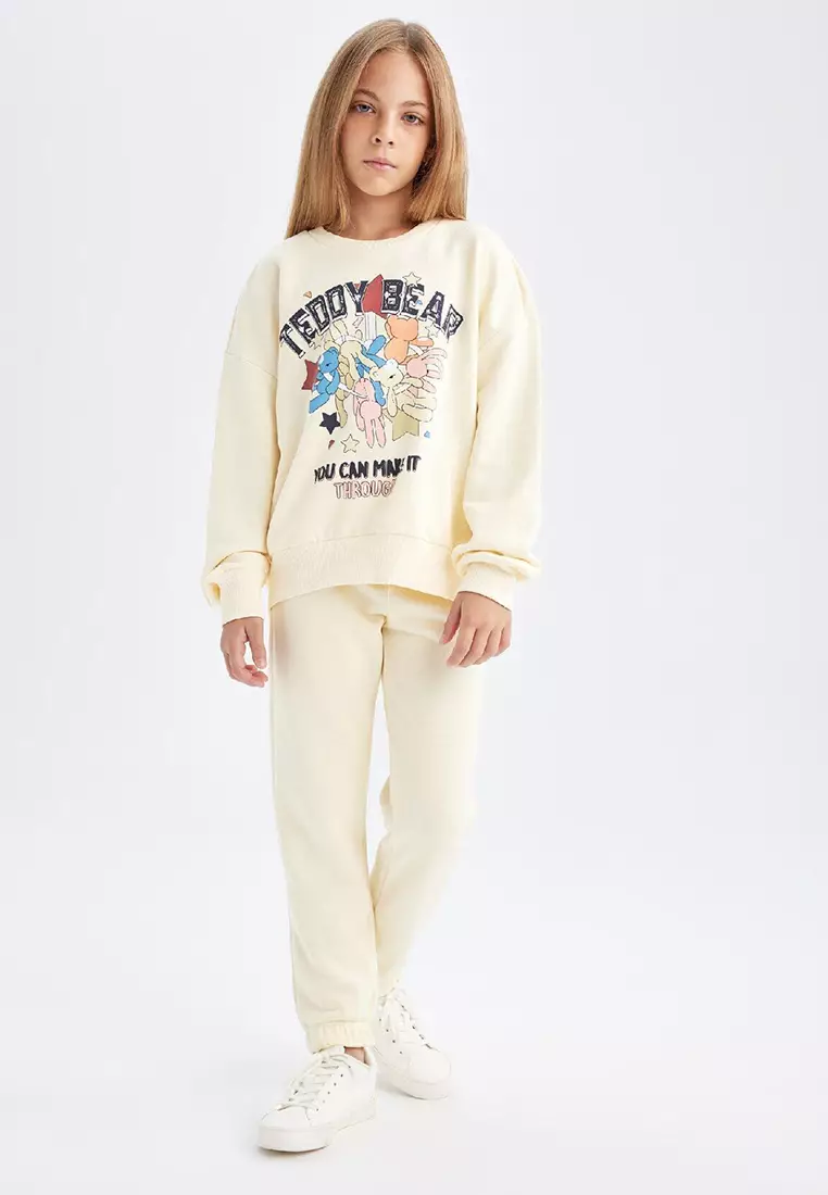 2-Piece Set Printed Crew Neck Thick Sweatshirt Elastic Waist Jogger Tracksuit