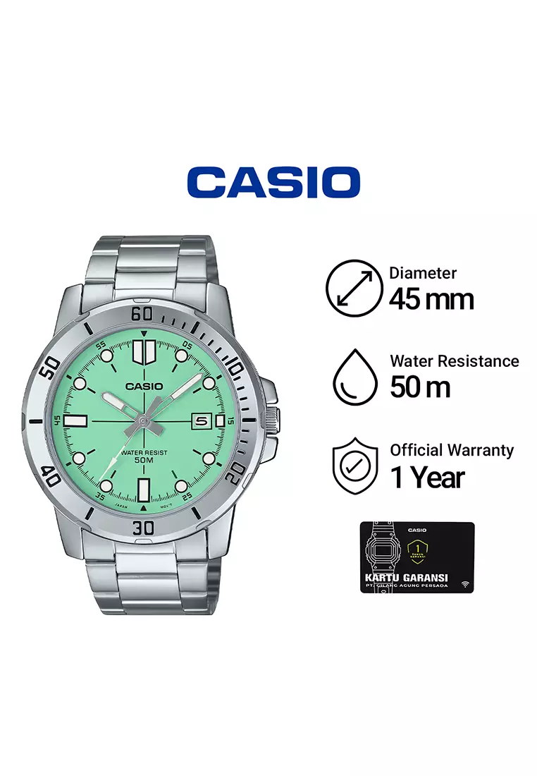 Casio Standard Series - Jam Tangan Analog Pria - Light Green Dial Silver Stainless Steel - MTP-VD01D-3E1V