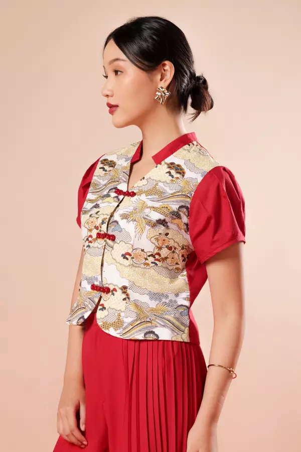 MINIMAL x Melvee - Nana - Printed V Neck Top - Beige