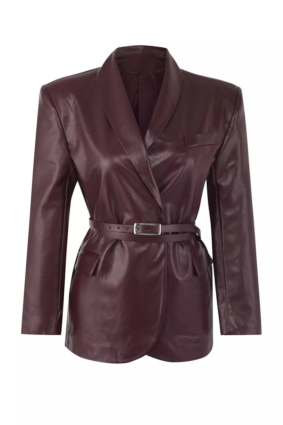 Burgundy Belted Double-Breasted Faux Leather Blazer Jacket