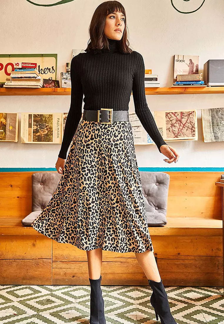 Buy Olalook Leopard Elastic Waist Suede Textured Bell Skirt 2025