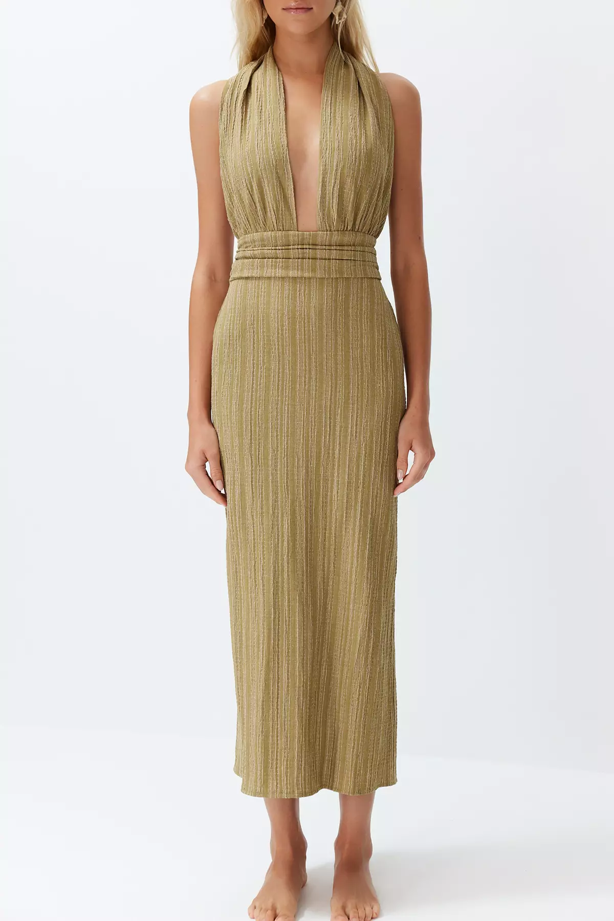 Khaki Maxi Woven Decollete Linen Blend Beach Dress