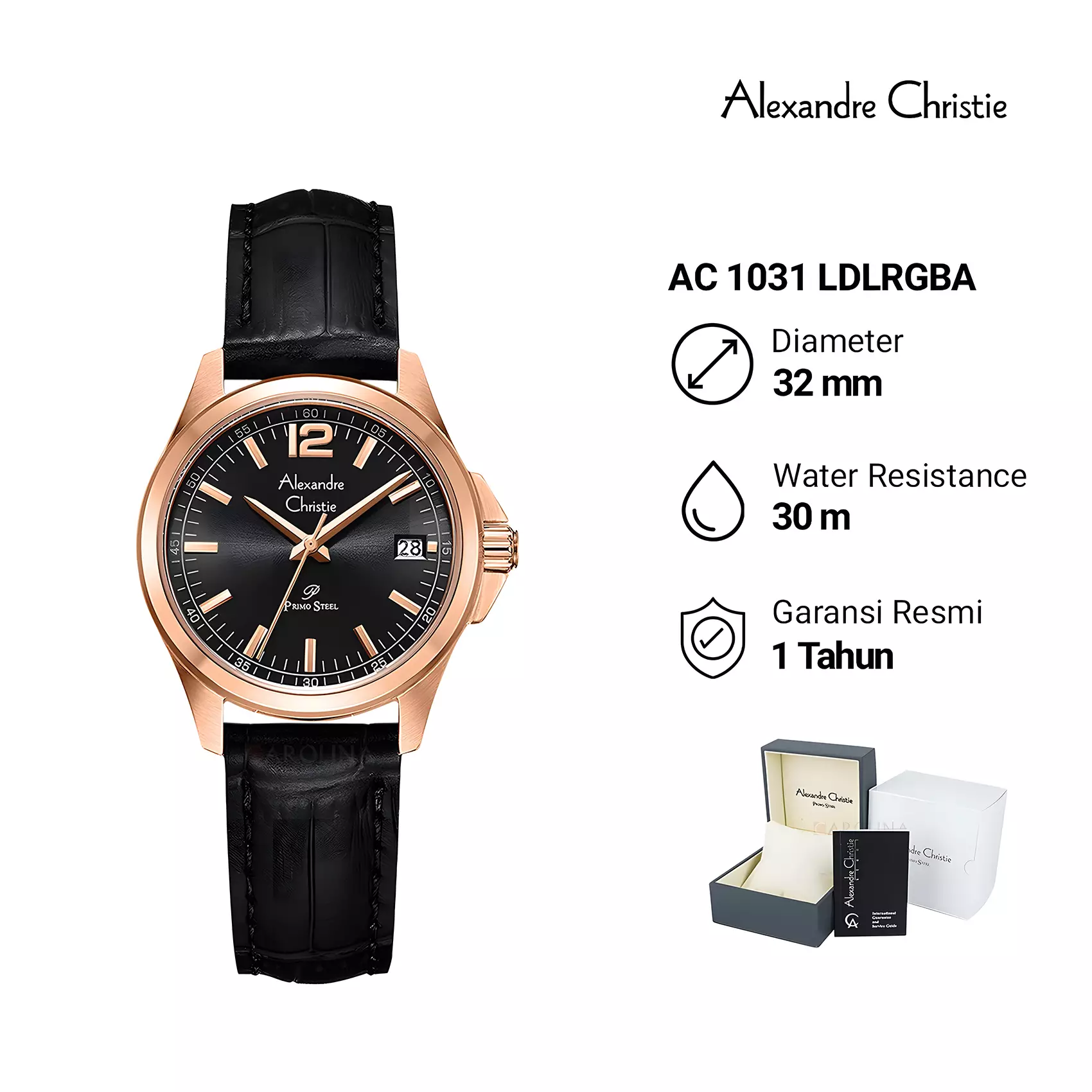 Alexandre Christie - Jam Tangan Analog Wanita - Rose Gold Case - Black Leather Strap - 1031 LDLRGBA