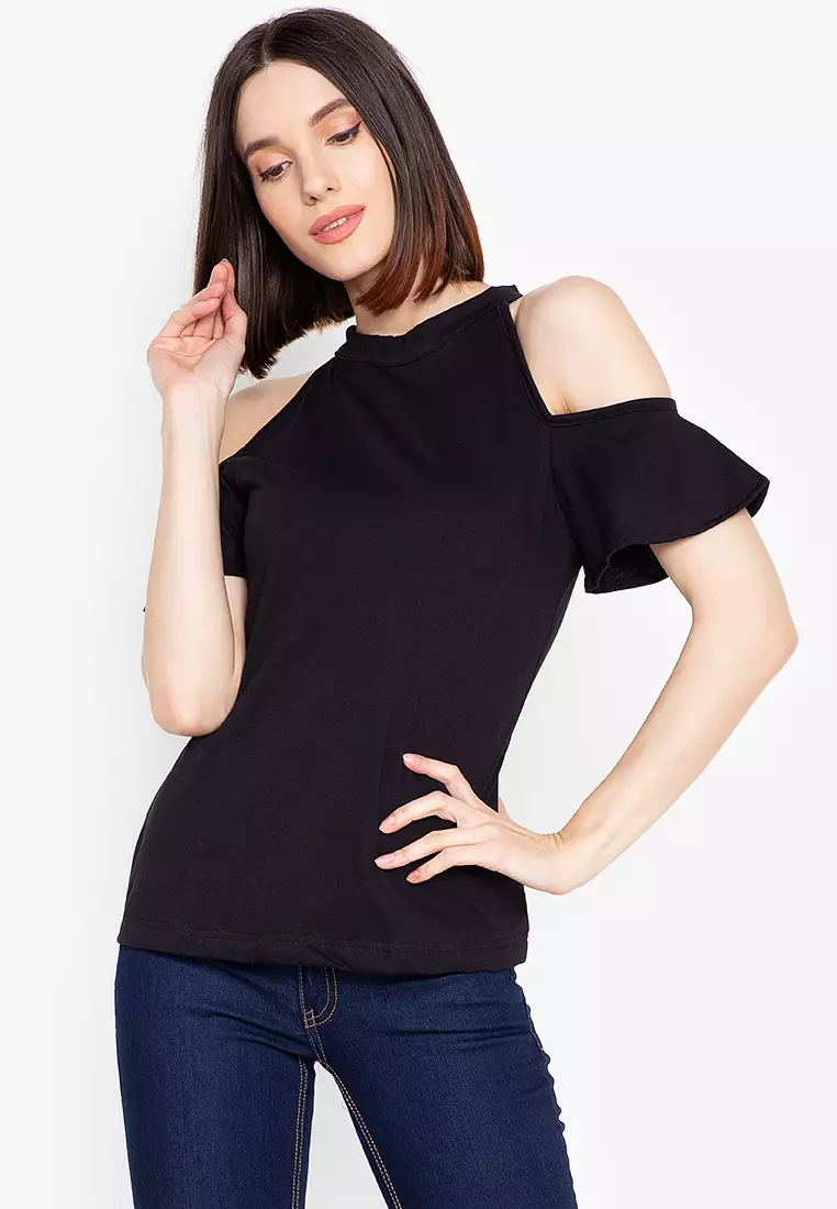 Bella High Neck Deep Cold Shoulder Top