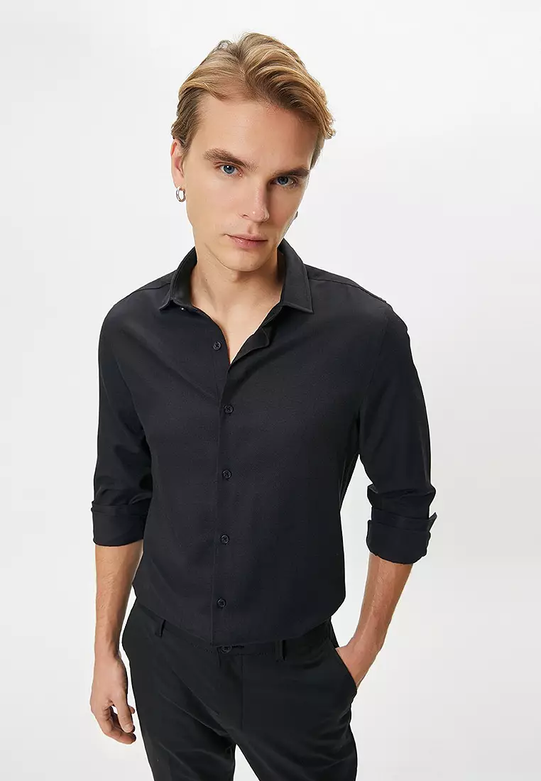 Half Italian Collar Buttoned Long Sleeve Classic Shirt