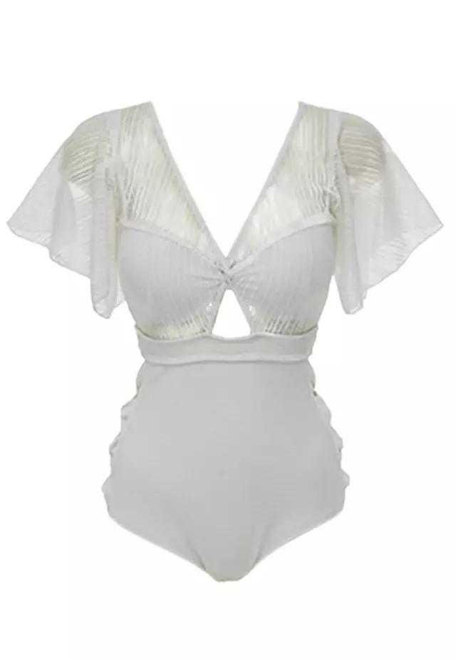 Chiffon Deep V Butterfly Sleeves Side Hollow Out One-Piece Swimsuit A21031813W