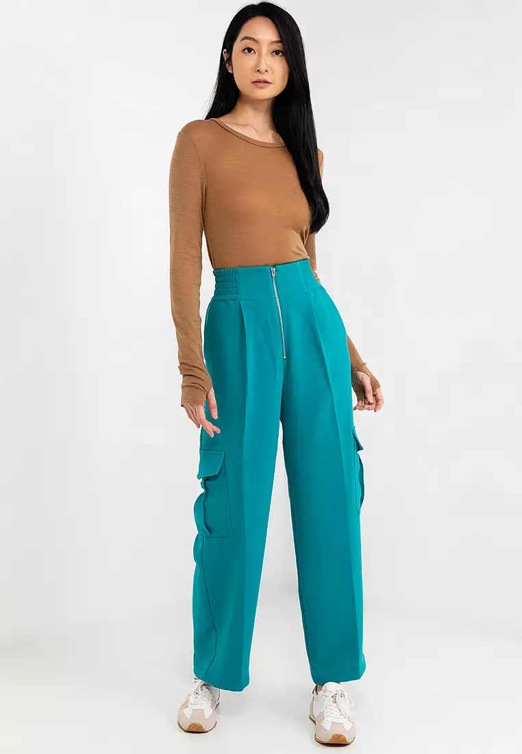 正面拉鍊高腰帶蓋口袋長褲