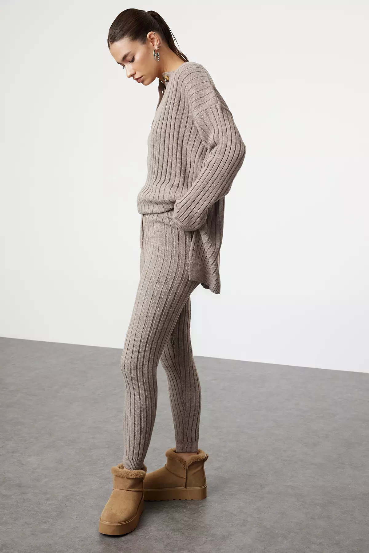 Mink Ribbed Wide Pattern Knitwear Bottom-Top Set