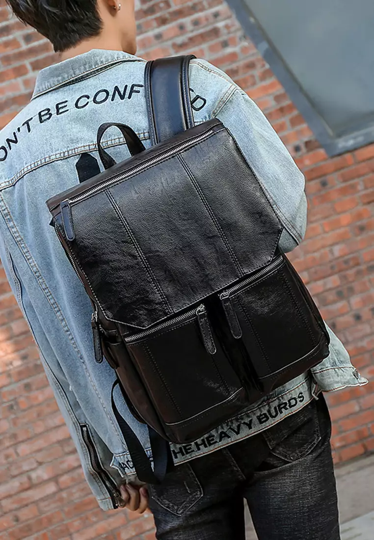 Black leather 2024 computer backpack