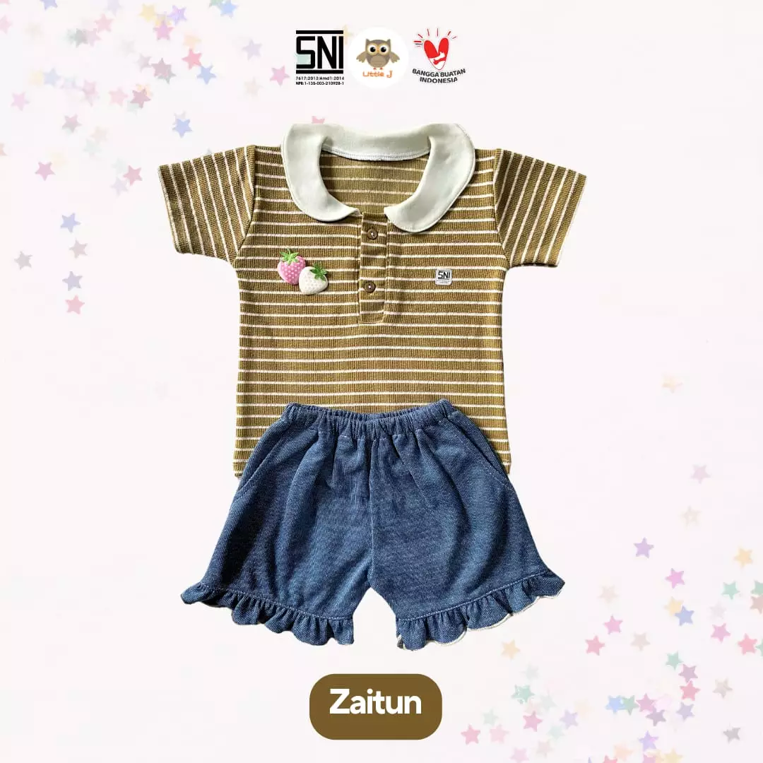 Little J - Oneset Celana Anak Perempuan Salur Lengan Pendek || Baju Anak Cewek Rib Stripe Lucu 1-5 Tahun SNI Tebal