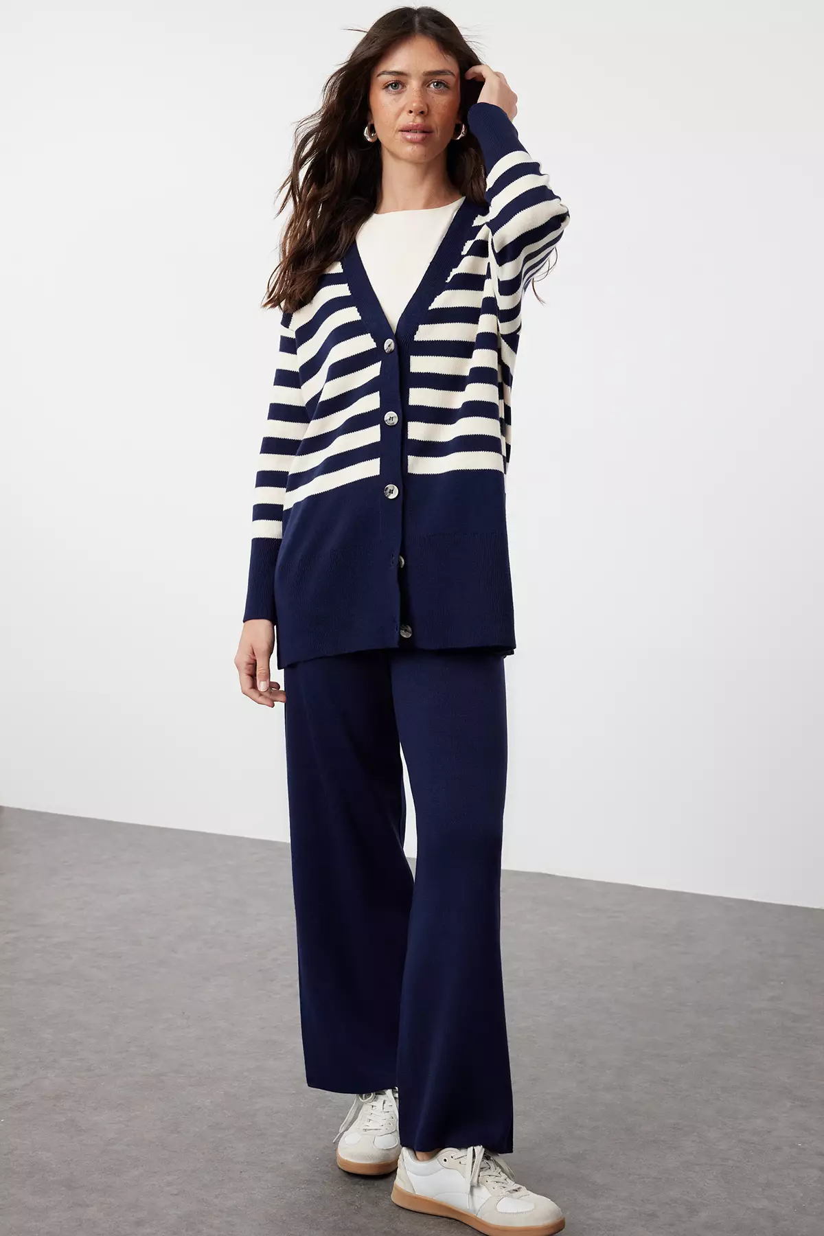 Navy Blue Knitwear Cardigan And Trousers Set - Tctaw24Us00054