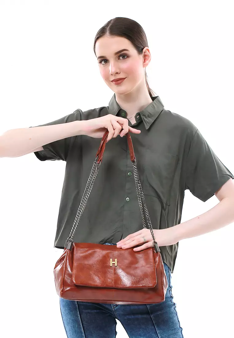 Eilaria Tas Kerja Wanita Shoulder Bag Tali Rantai Large Compartment Material Leather ORIGINAL - Brown