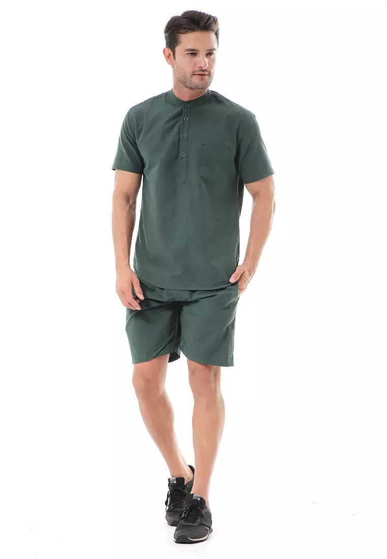 Vincent Kurta Set Pendek Motif Polos Setelan Pria Short Sleeve Material Cotton ORIGINAL - Green