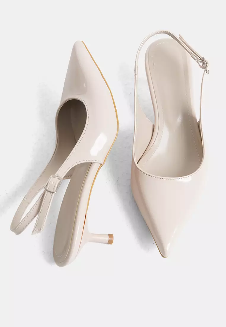 Beige Patent Leather Pointed Toe Kitten Heels Women Classic Heels Shoes Takss25To00005