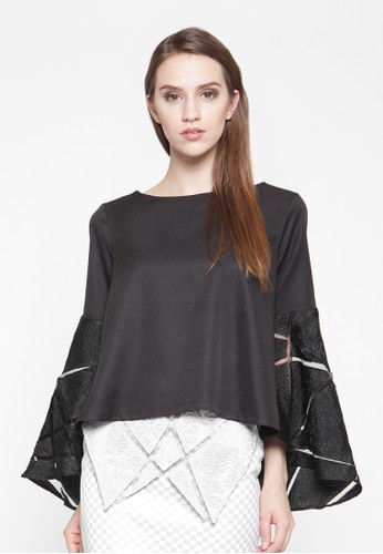 Electra black cropped long flare sleeve top