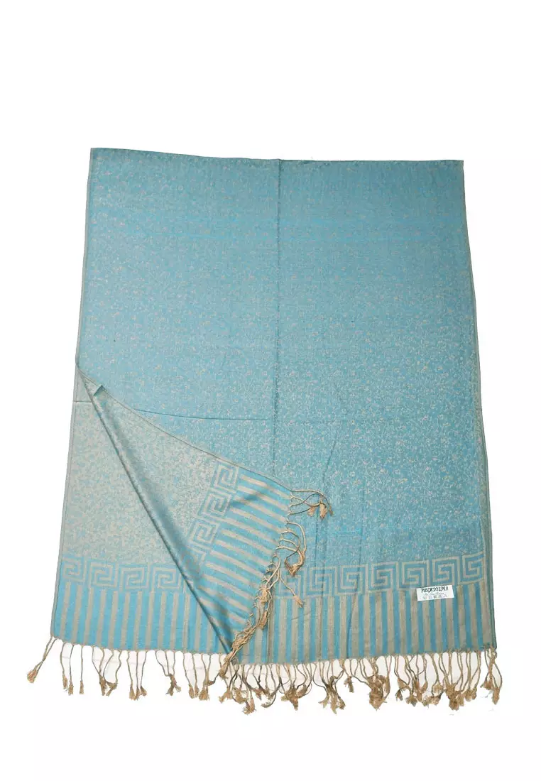 Reversible Viscose Floral Pattern Pashmina Shawl Syal Wanita Aqua Blue