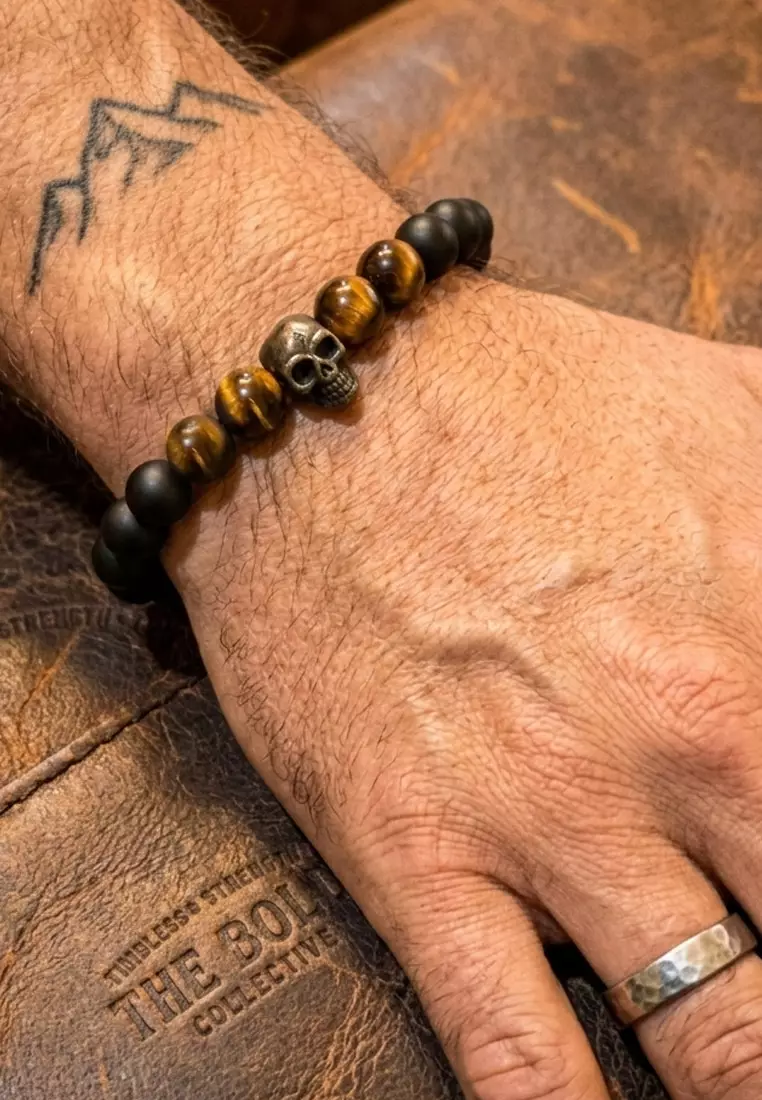 Aksesoris Gelang Pria SKull Matte Onyx & tiger Eye Bracelet Black, Brown & Silver