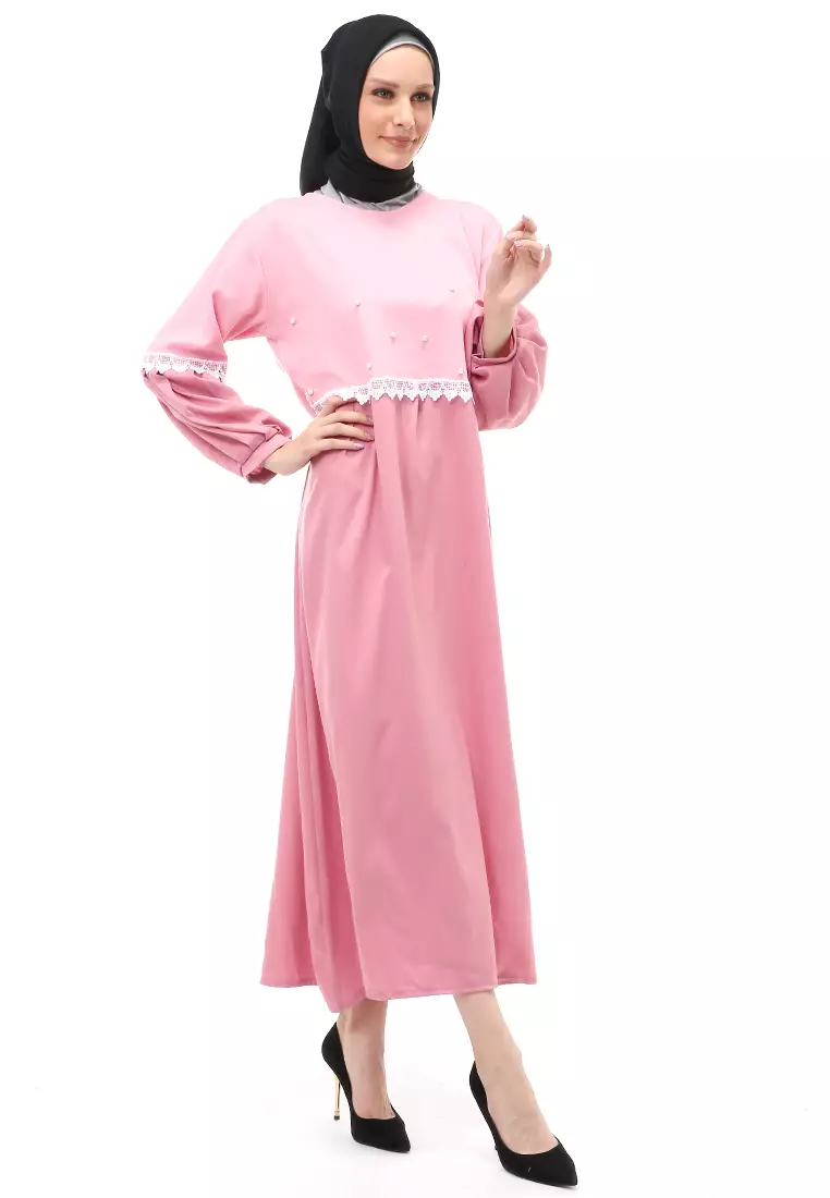 Sarinah Gamis Muslimah Panjang Atasan Wanita Motif Mutiara Regular Fit - Pink