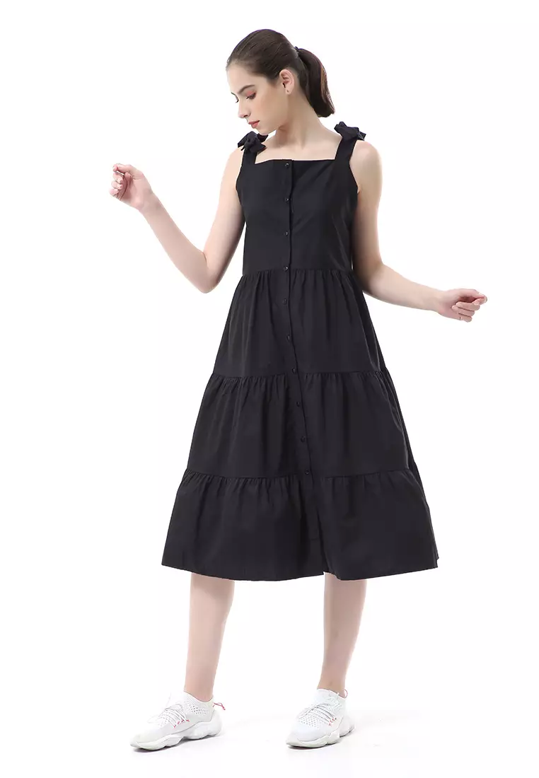 Rachel Dress Ruffle Wanita Tanpa Lengan Full Kancing Stylish Material Cotton ORIGINAL - Black