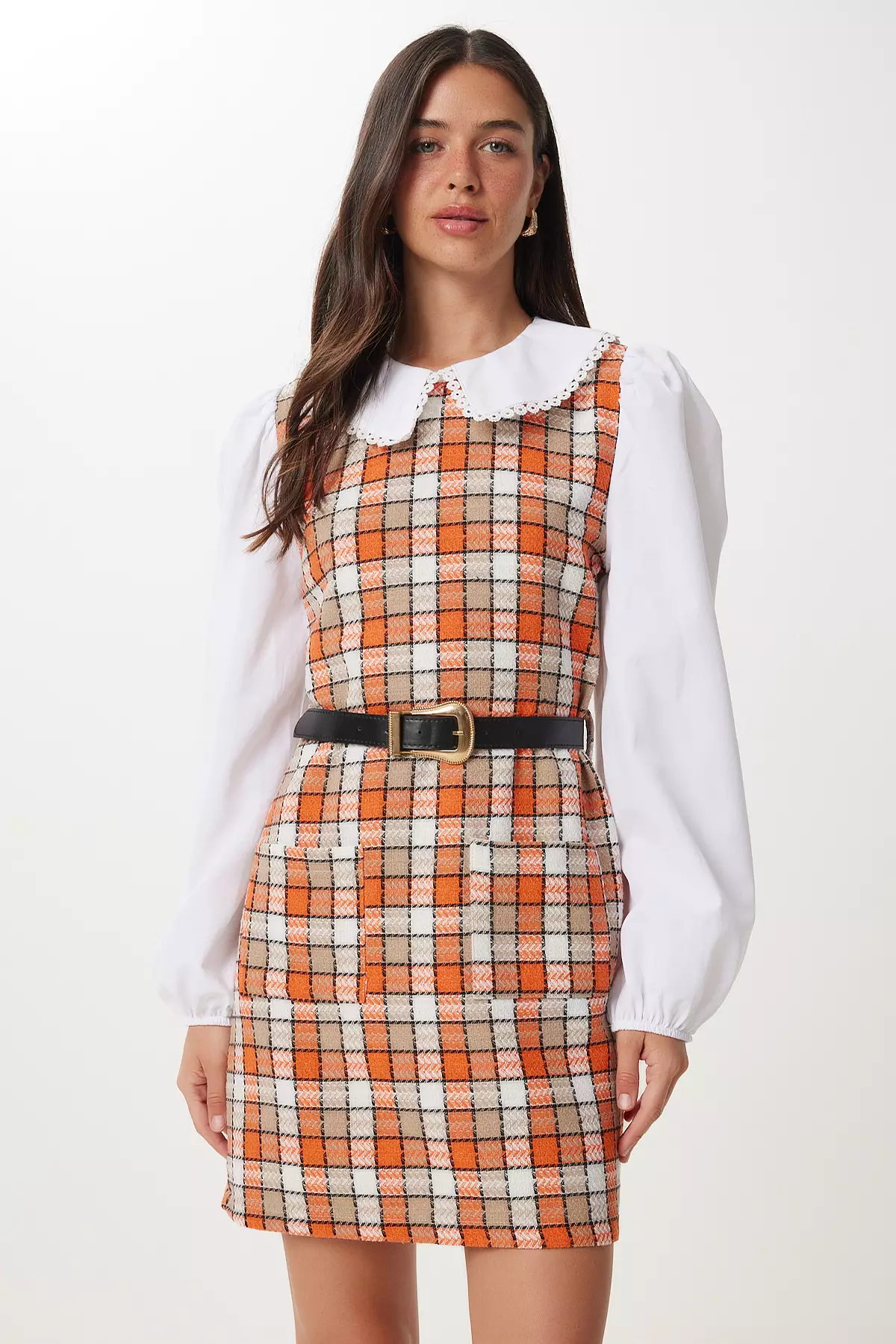 Women's Orange Bone Belt Mini Tweed Dress Rg00078
