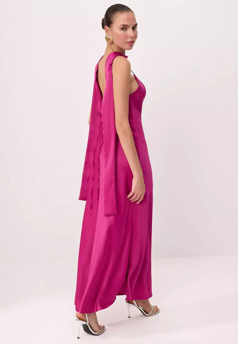 Fuchsia Plain Scarf Woven Satin Maxi Lined Stylish/Evening Dress