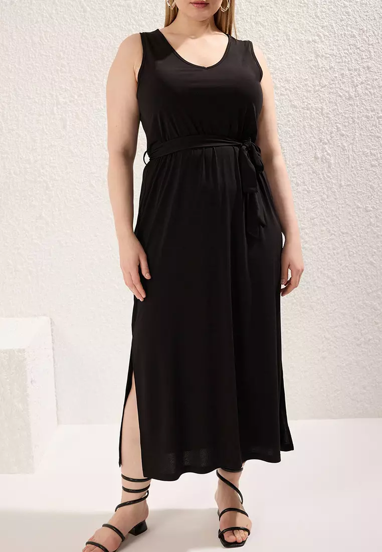 Black Tie Detail Midi V Neck Stretchy Knit Dress Tbbss25Ah00015