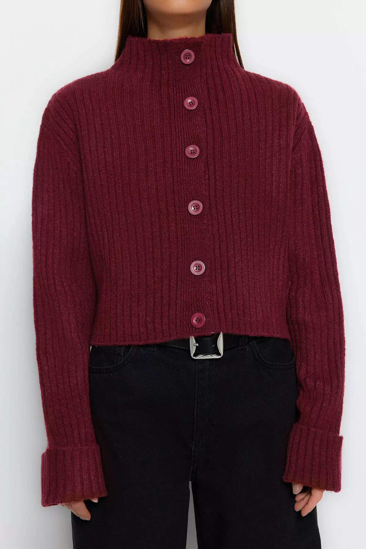 Claret Red Crop Soft Textured Stand Collar Knitwear Cardigan Twoaw22Hi174