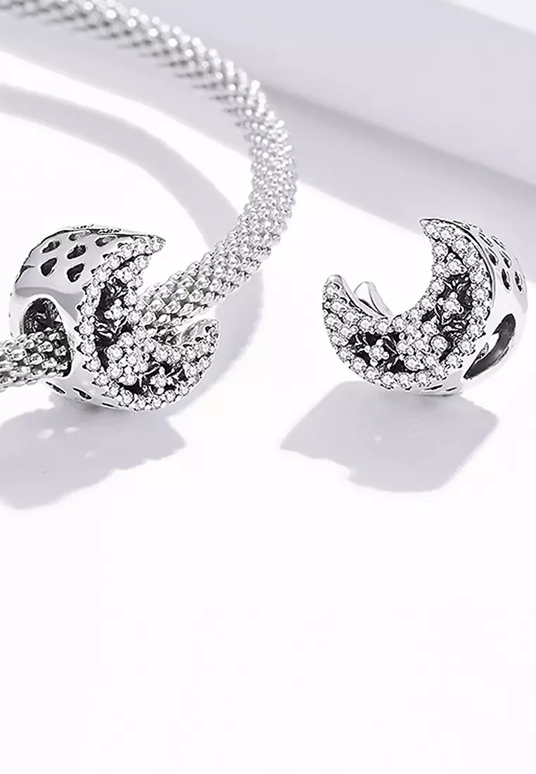 Solid 925 Sterling Silver Crescent Moon Crystals Charm