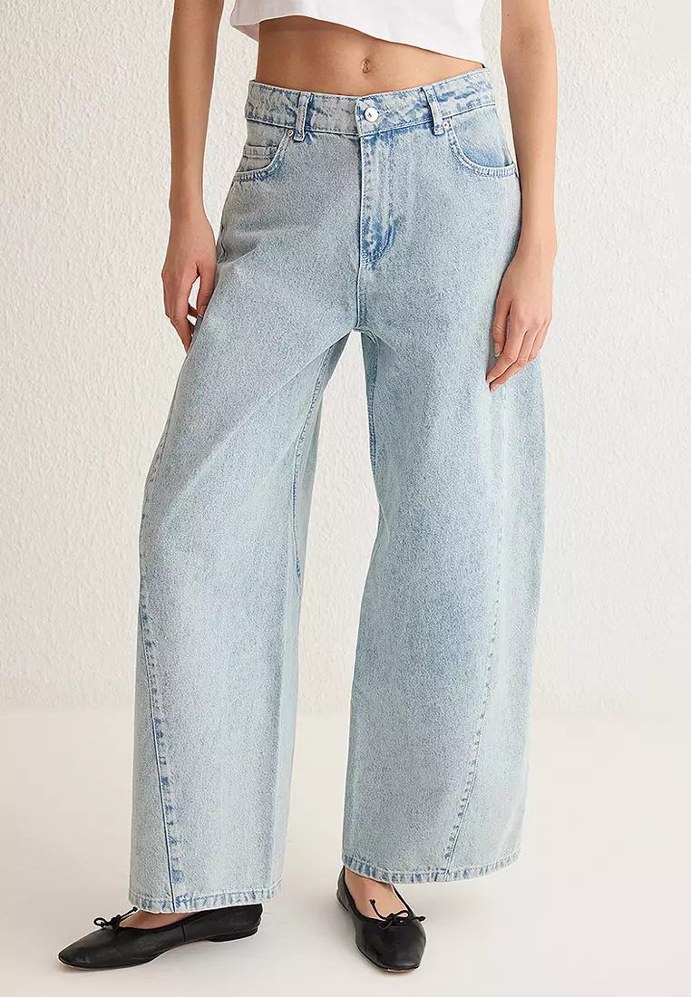 Light Blue Stitch Detail Low Waist Barrel Baggy Jeans