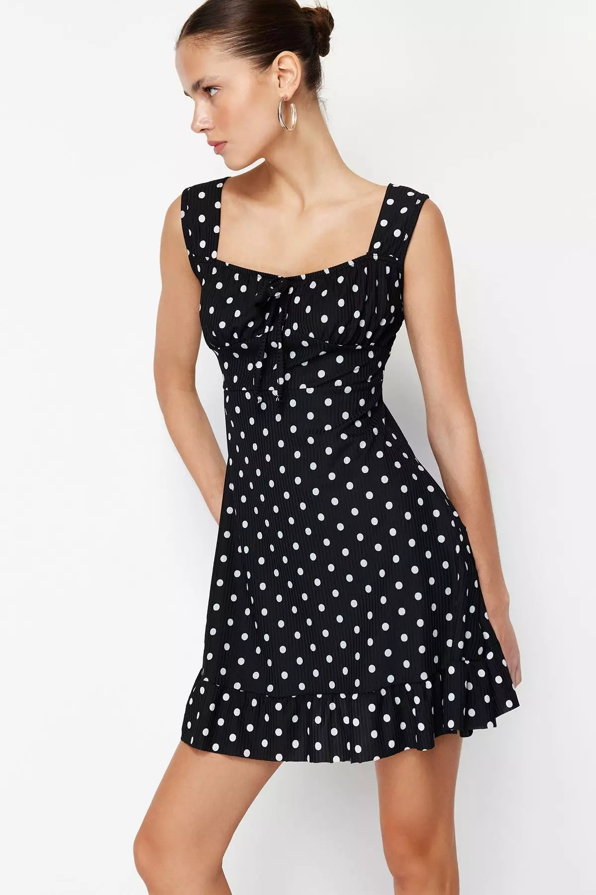 Black*001 Square Neck Flounce A-Line Mini Knitted Mini Dress TWOSS23EL00348