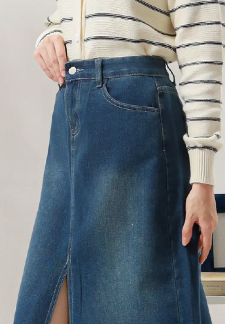 Jivie Midi Skirt Unfinished in Blue