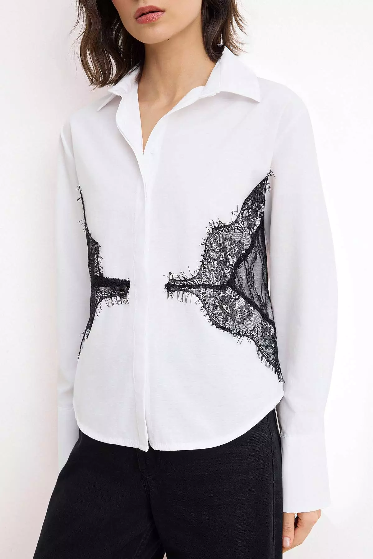 White Lace Detail Adjustable Waist Shirt Twoss26Go00164