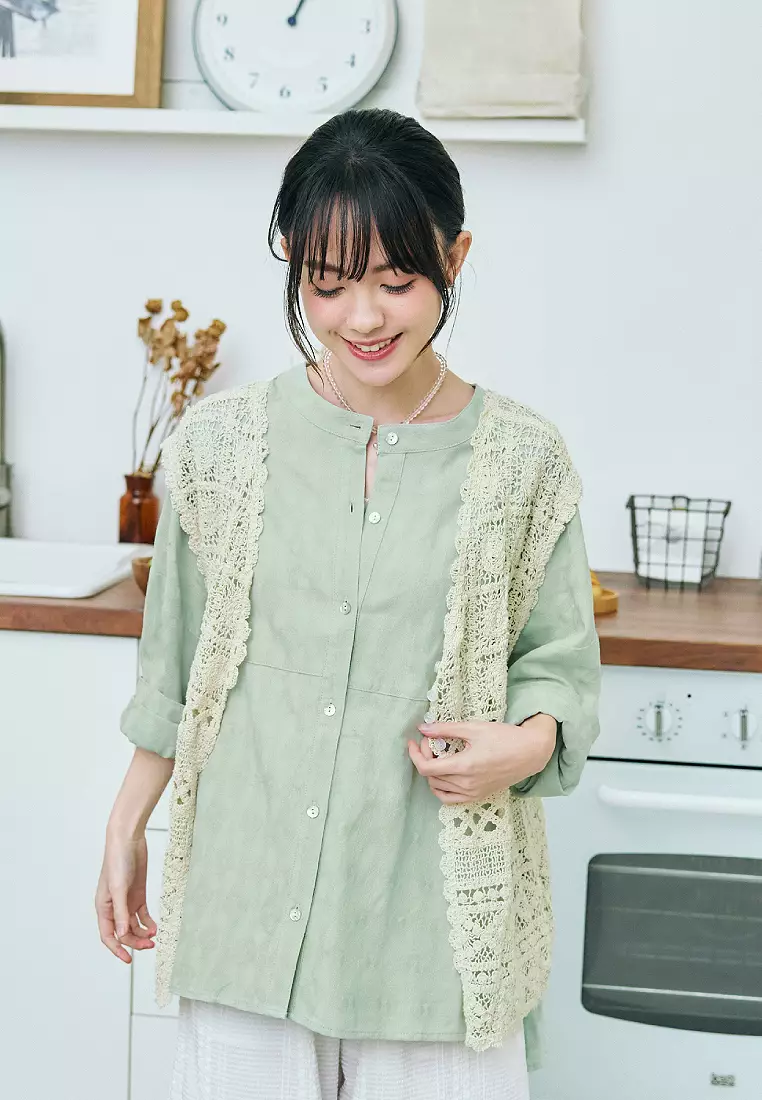 立體織紋中山領前短後長貝殼排扣寬鬆襯衫《AB19254》