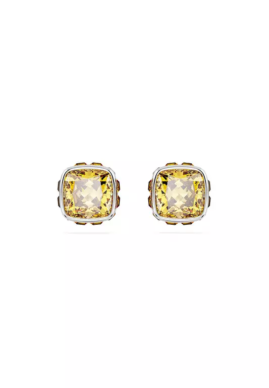 Birthstone Stud Earrings, Square Cut, November, Yellow, Rhodium plated
