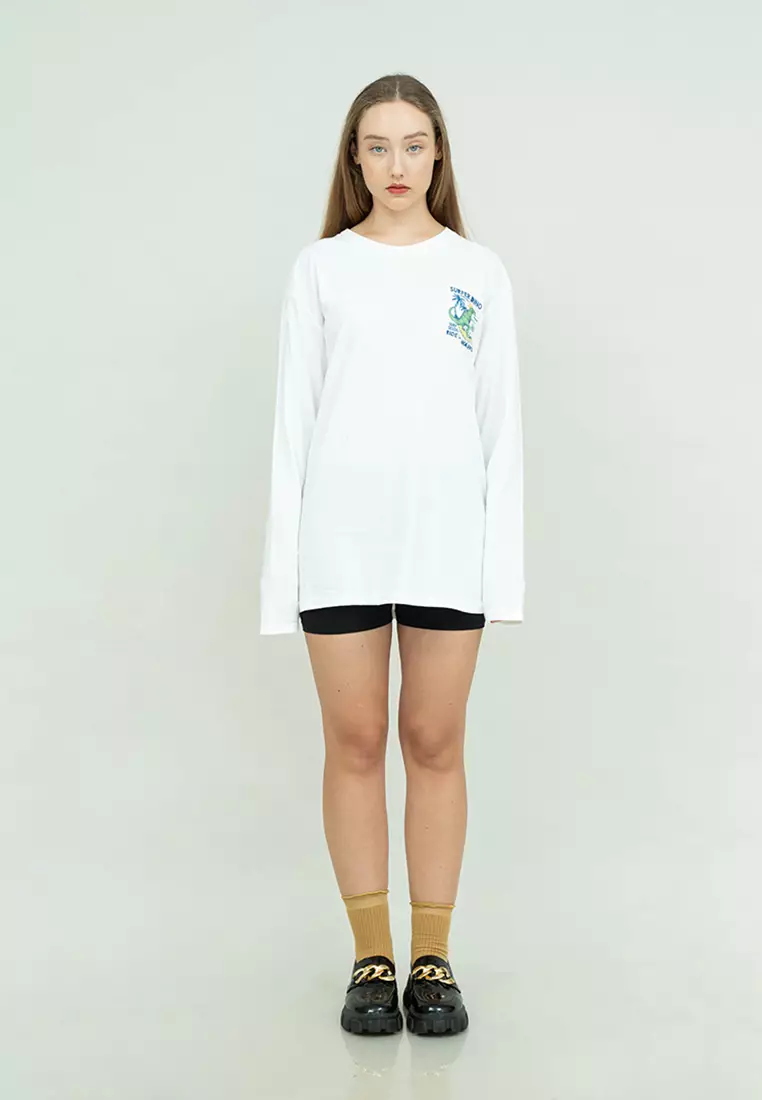 Kaos cotton combed lengan panjang wanita putih houseofcuff surfer dino