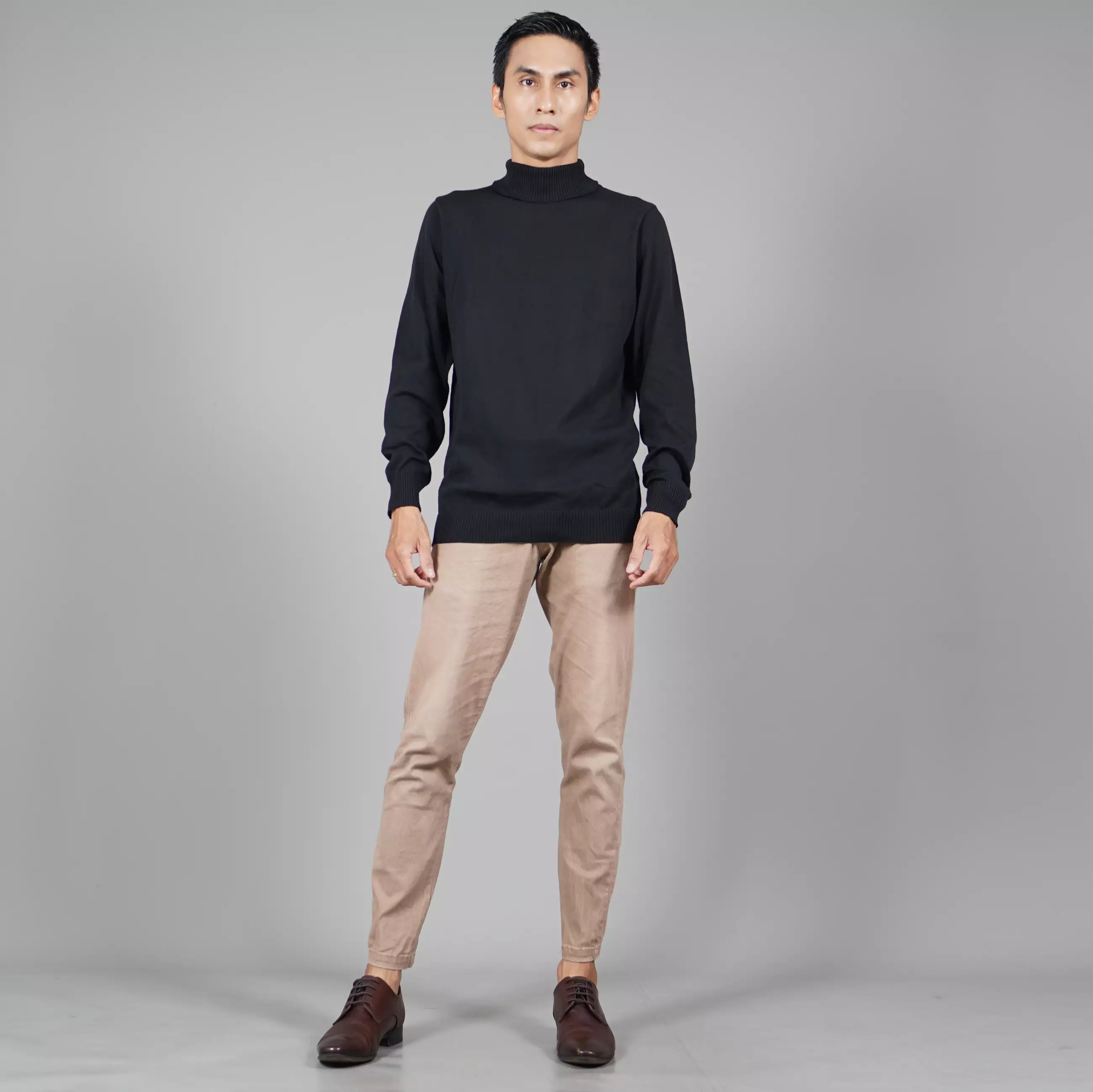 JEHOON Sweater Rajut Pria Knit Turtleneck Sweater Leher Tinggi Pria - HITAM