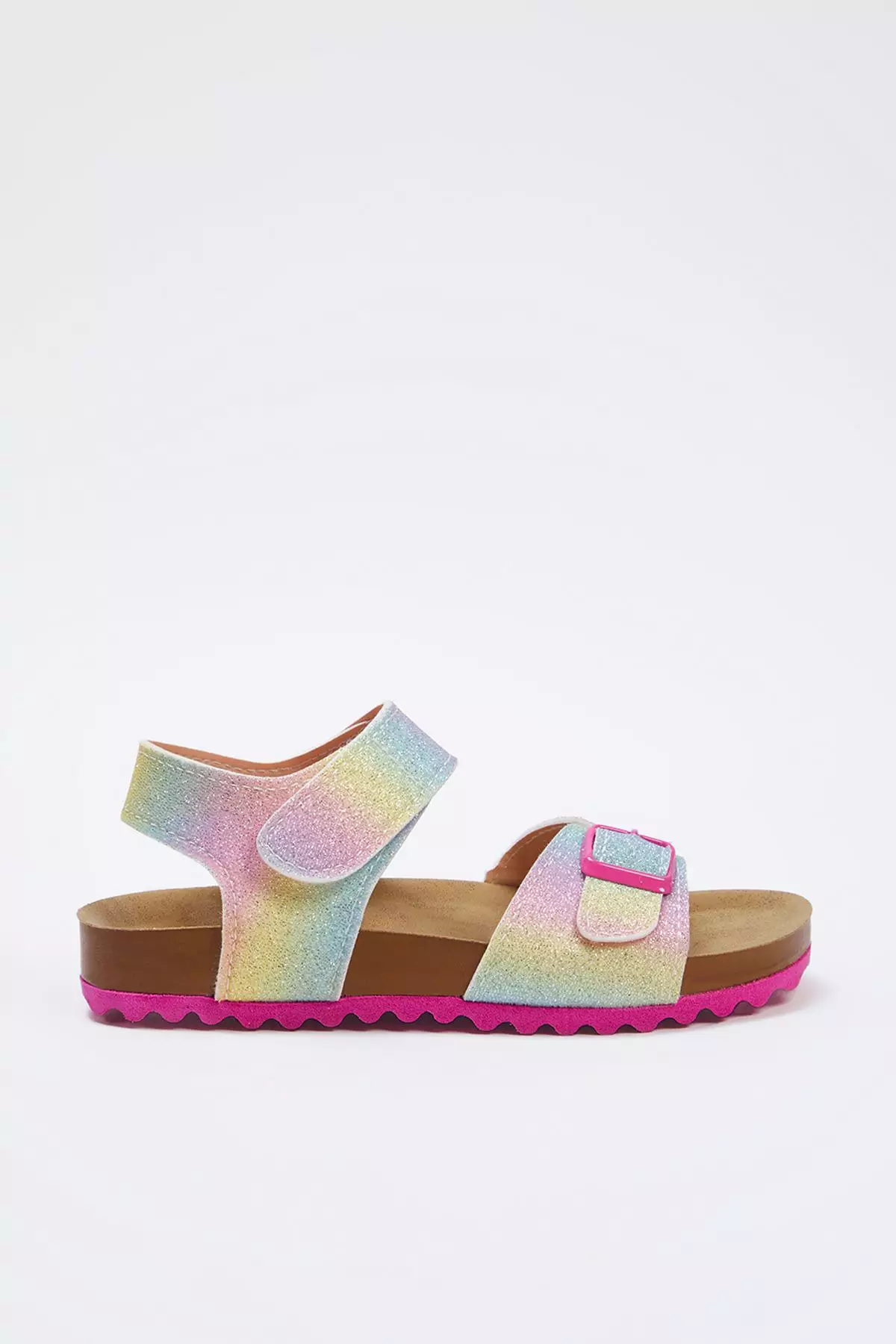 Pink Glitter And Buckle Detailed Velcro Sandals For Girls - Takss25Sd00028