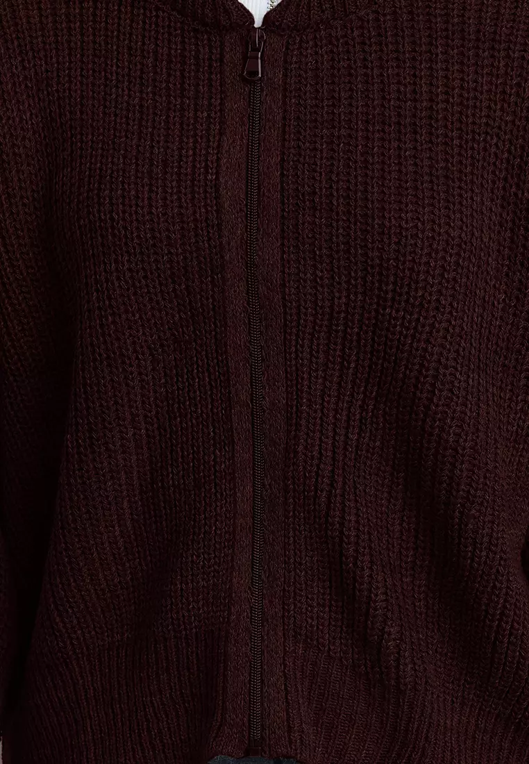 Brown Wide Pattern Bomber Collar Zippered Knitwear Cardigan TWOAW24HI00153