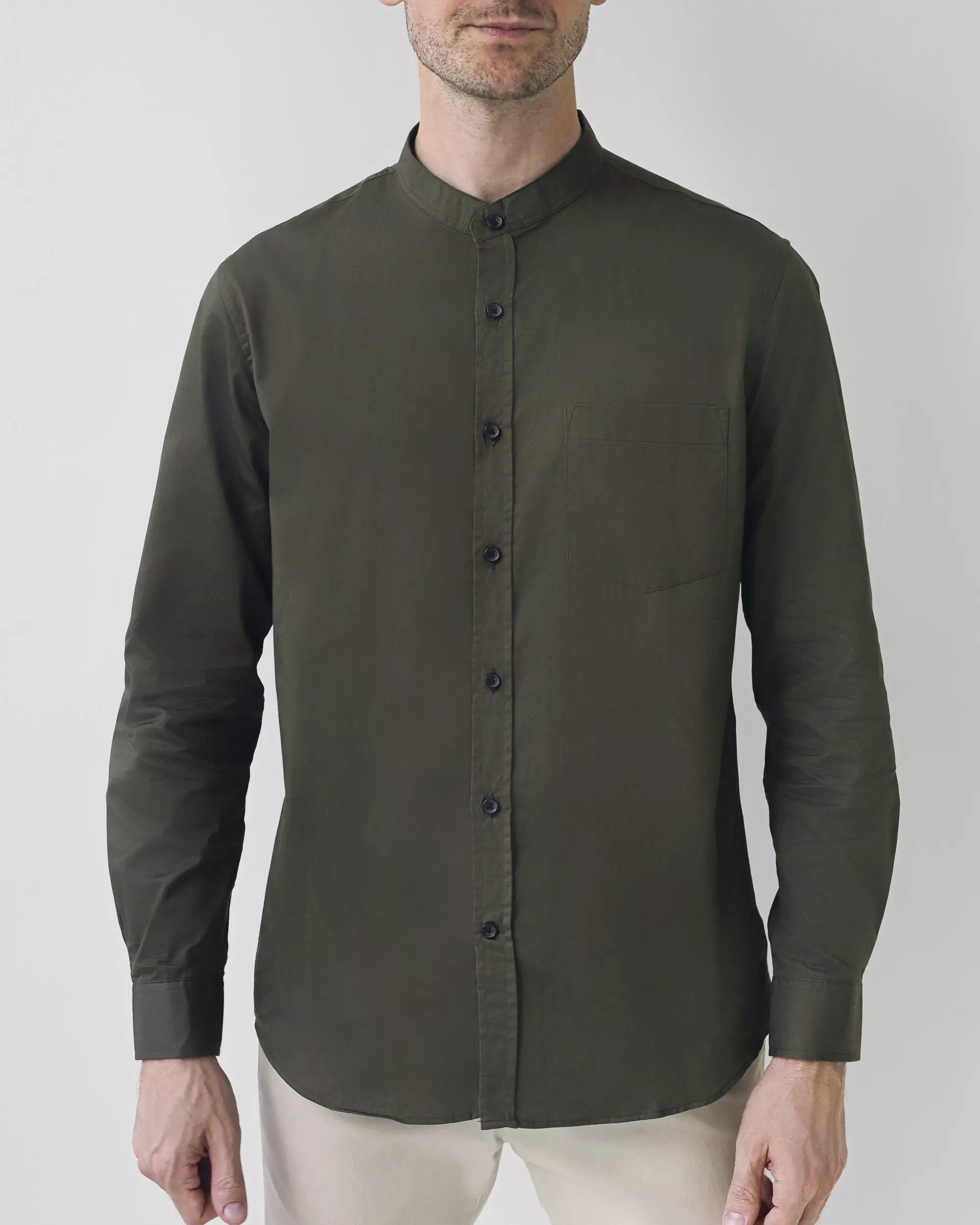Cotton Well Badr Stand Collar Shirt Army | Kemeja Koko Lengan Panjang Hijau Olive