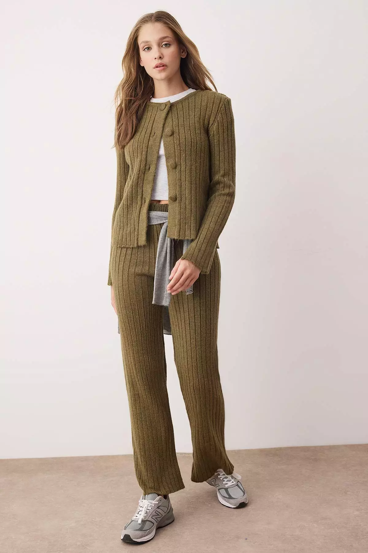 Khaki Soft Textured Sweater-Pants Knitwear Bottom-Top Set Twoaw26Au4