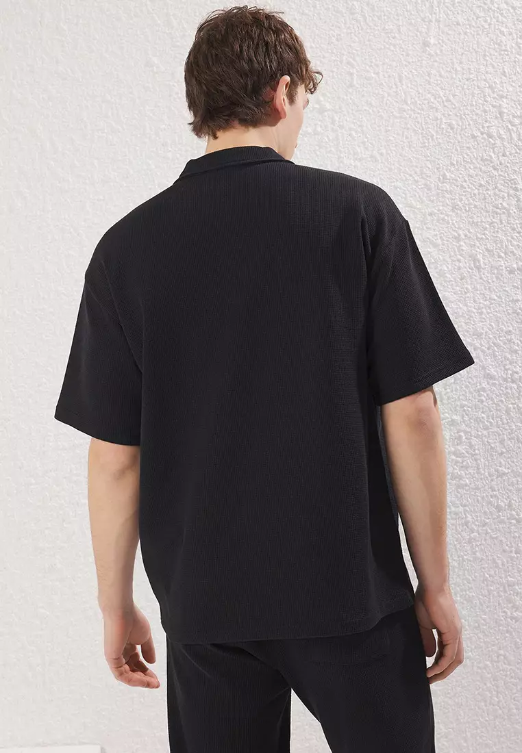 Black Oversize/Wide Cut Textured Zippered 100% Cotton Polo Neck T-shirt