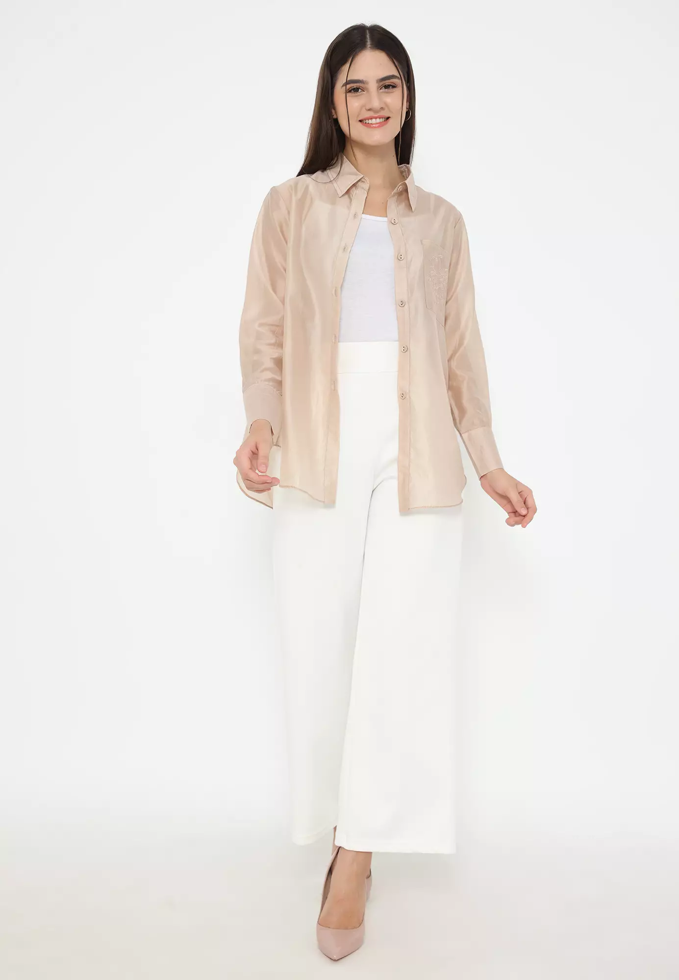 Plain Shirt Nude Cream With Embroidery In Pocket By Brilliant Girl Warna CREAM
