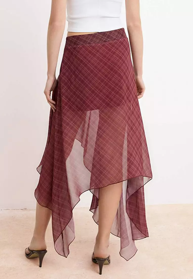 Burgundy Chiffon Plaid Asymmetrical Mini Skirt Twoss26Et161